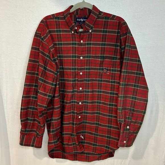 Ralph Lauren Button Down Shirt Size Large Red Green Plaid Golf Crest Vintage - Picture 1 of 7